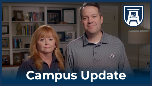 Photo of President Keen and First Lady Karen Keen with graphic "Campus Update"