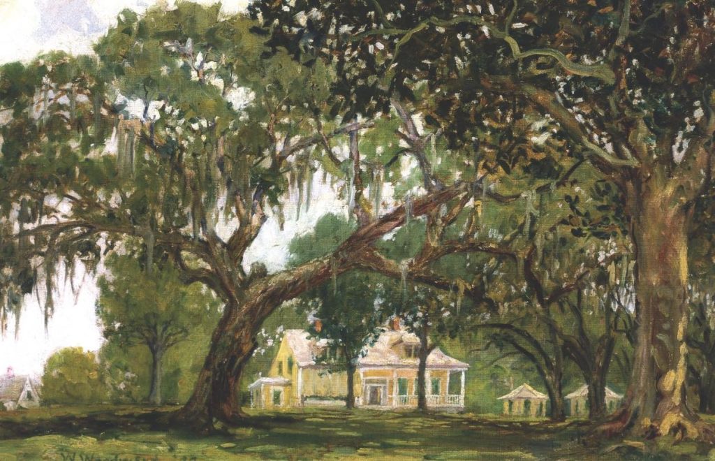 A painting of large trees creating a canopy in front of an old yellow house.