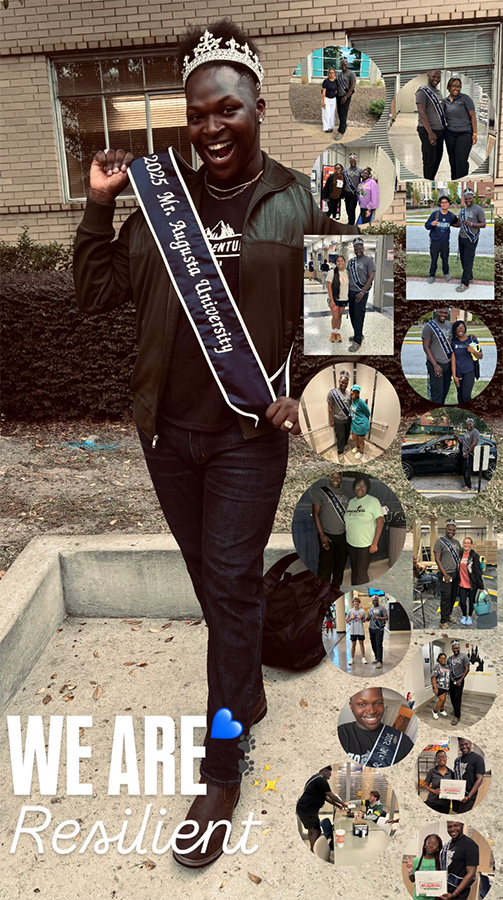 A picture collage showing a male college student volunteering at different locations.