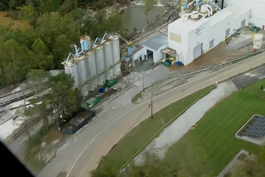 An overhead view of a quartz facility flooded in Spruce Pine, North Carolina.