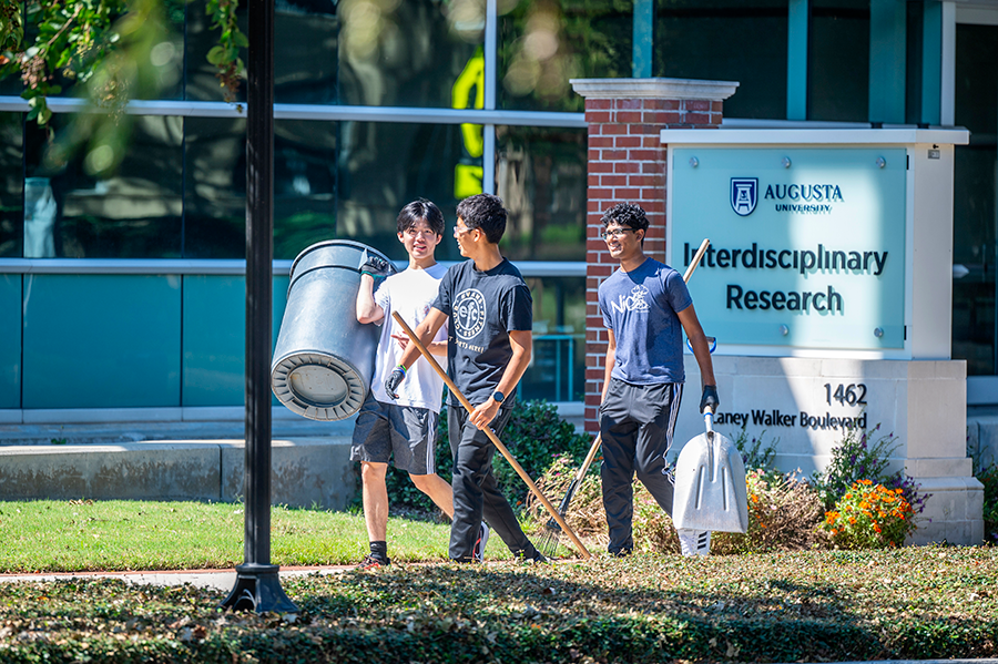 Three male college students walk outside with a large trash can and gardening tools while helping clean up a college campus.