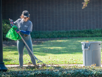 A woman rakes leaves.