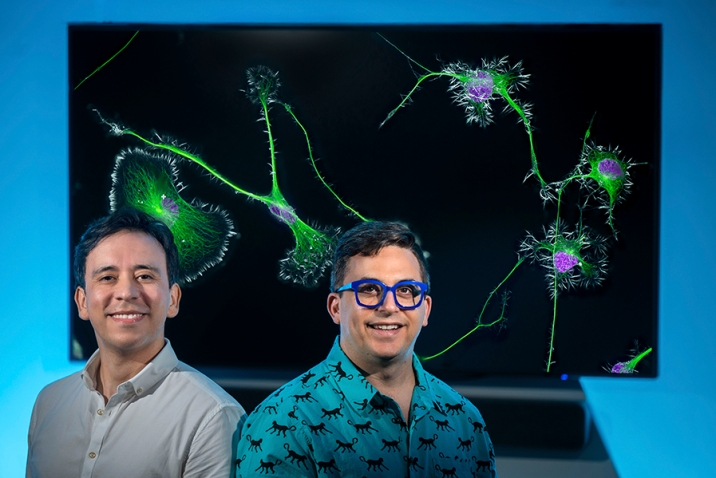 Two men stand in front of a screen. The screen features an image of several cells that can be seen under a microscope.