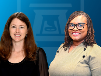 Two women stand side-by-side and smile. There is a logo for Augusta University featuring an AU and bell tower behind them.