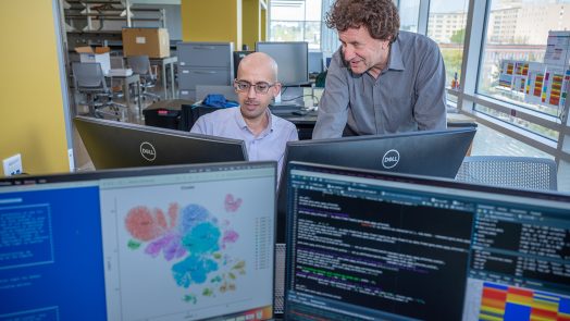 Two men in science lab at computers