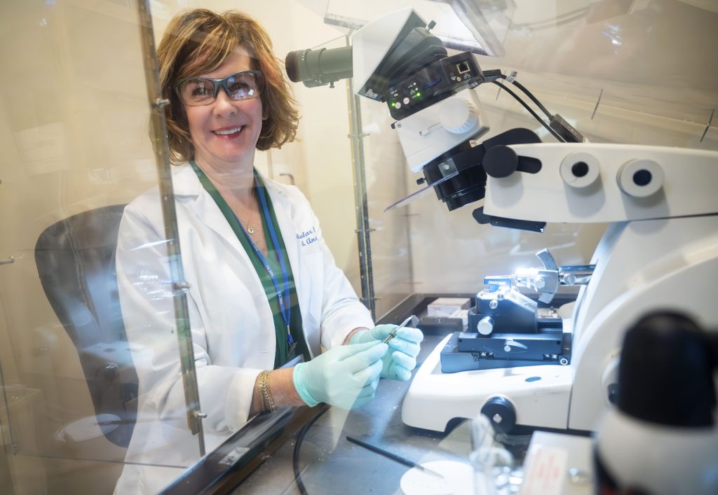 A female scientist uses a microscope in a specialized area to look at samples.