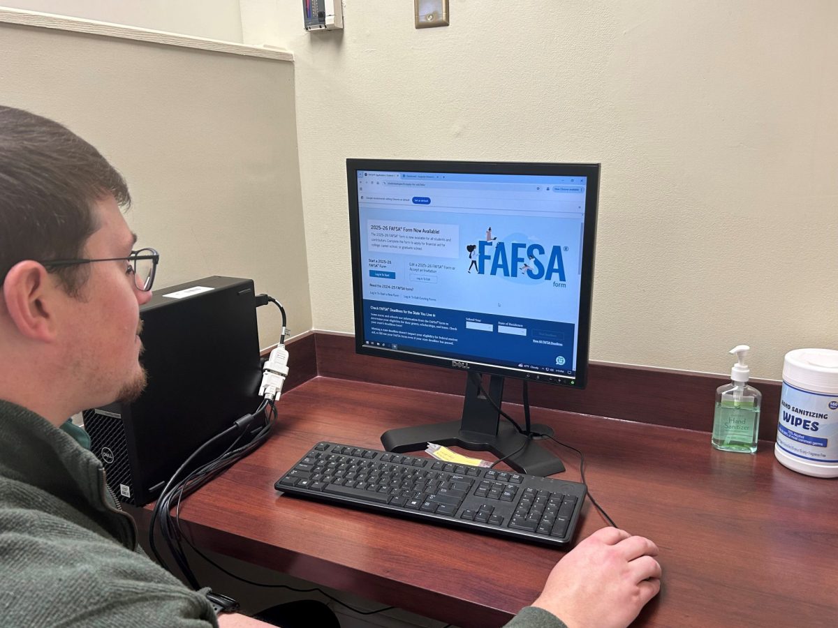 A man looks at a computer screen.