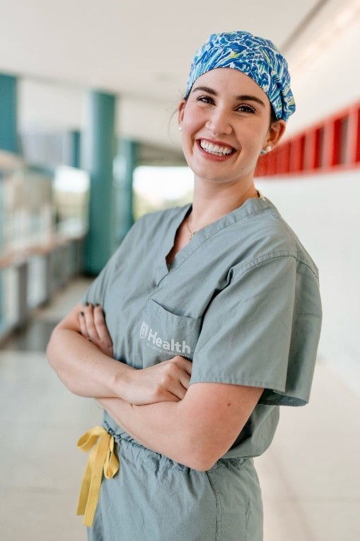 Headshot of Dr. Elizabeth Gay in her AU Health scrubs with blue and white CRNA scrub hat