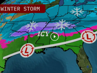 A map of the southeastern United States stretching from Texas to the eastern coast of South Carolina, and from the Great Lakes down to the Florida Keys. There is a weather system overlaid on the map that indicates a line of winter weather.