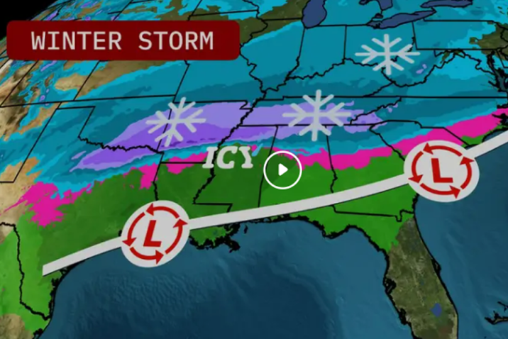 A map of the southeastern United States stretching from Texas to the eastern coast of South Carolina, and from the Great Lakes down to the Florida Keys. There is a weather system overlaid on the map that indicates a line of winter weather.