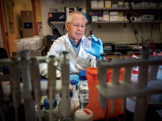 A scientist wearing a lab coat, safety glasses and gloves holds up a petri dish and examines it. He is sitting in a scientific lab.