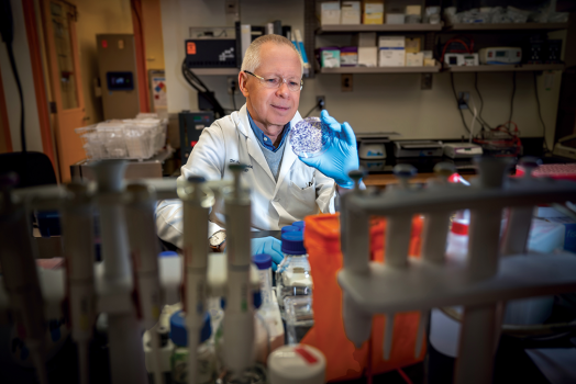 A scientist wearing a lab coat, safety glasses and gloves holds up a petri dish and examines it. He is sitting in a scientific lab.