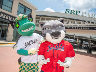 Two mascots, one depicting a green bee in a baseball jersey and another depicting a jaguar in a baseball jersey, stand in front of a minor league baseball stadium.