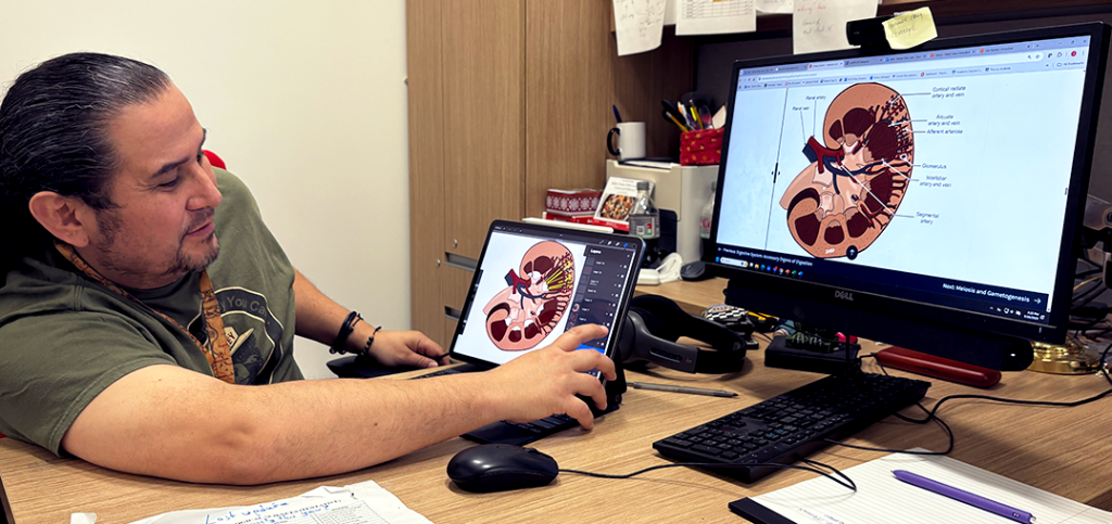 A male college professor illustrates a human kidney using an iPad and a computer monitor.