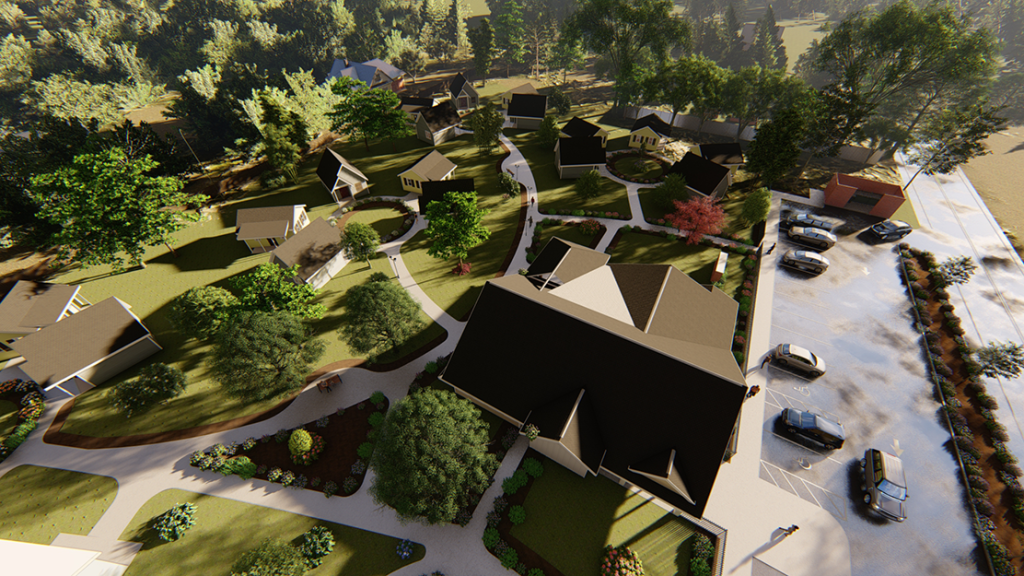 Artistic interpretation depicting a neighborhood - cluster of homes, trees and cars