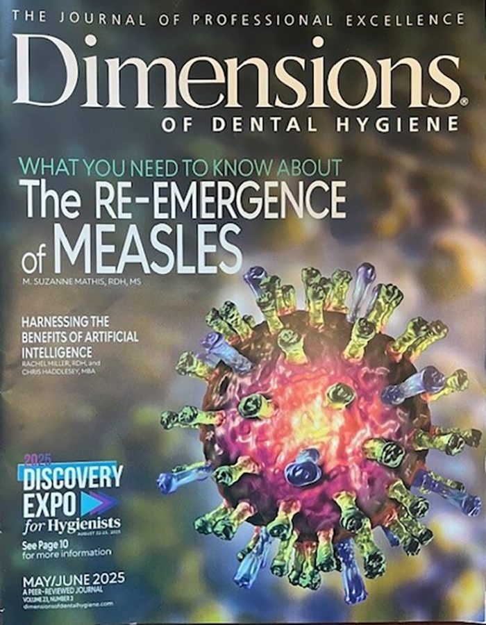 Photo of a magazine cover for "Dimensions of Dental Hygiene" with a 3D rendering of a bacteria cell on it.