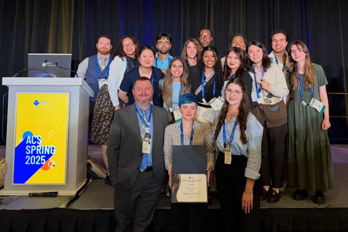A group of students representing the Augusta University American Chemical Society Student Chapter accepts an award at the 2025 ACS Conference in San Diego, CA.