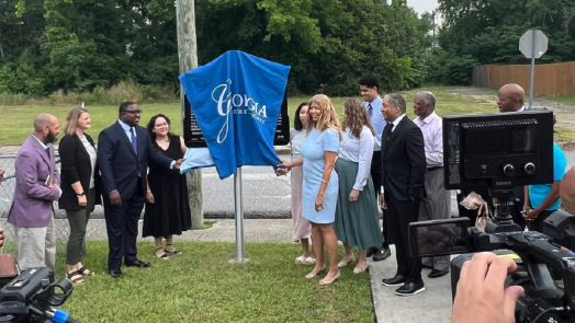 Crowd gathered around for a marker unveiling
