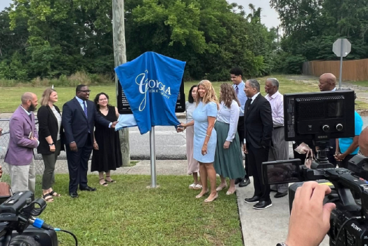 Crowd gathered around for a marker unveiling