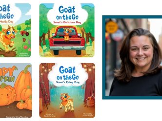 Headshot of a woman on a city street and 4 children's books featuring a cartoon goat