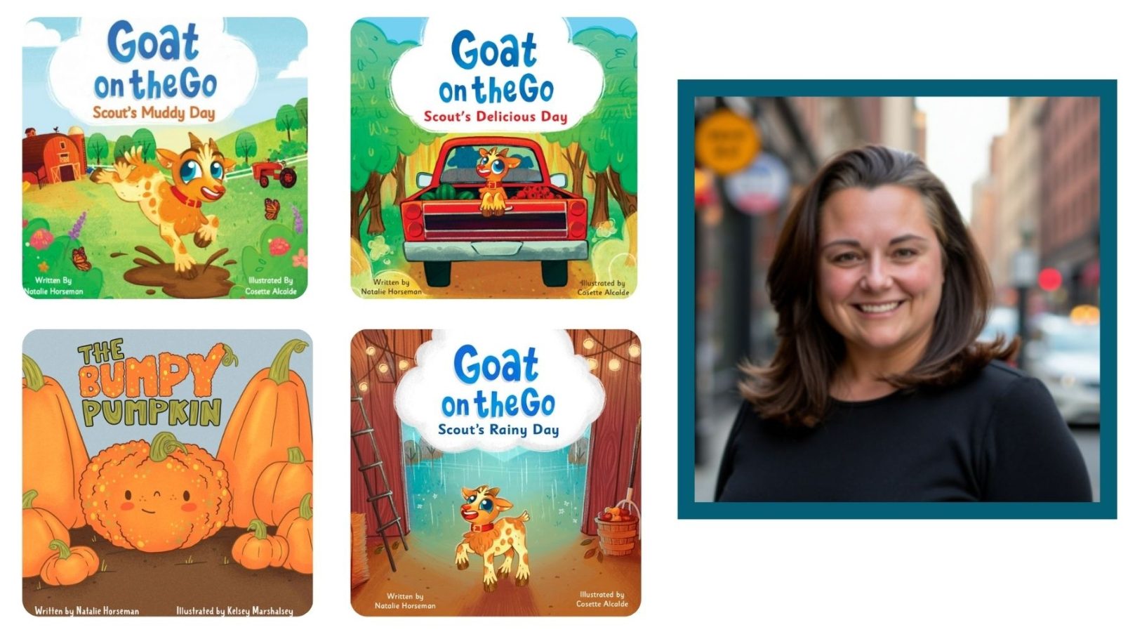 Headshot of a woman on a city street and 4 children's books featuring a cartoon goat
