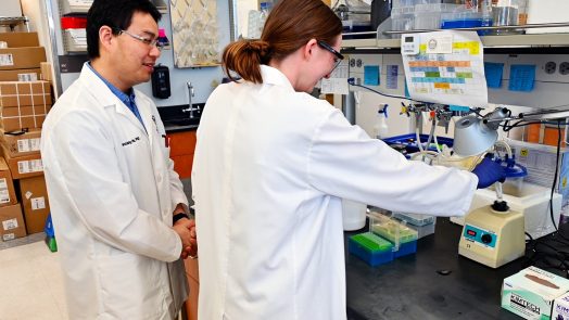 A male scientist and a female high school student work with equipment at a laboratory table.