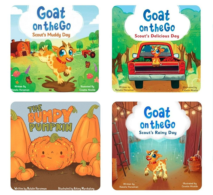 The covers of four children's books. The books are about a goat named Scout.