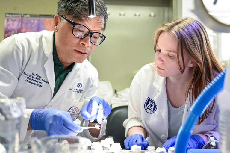 two researchers looking at equipment