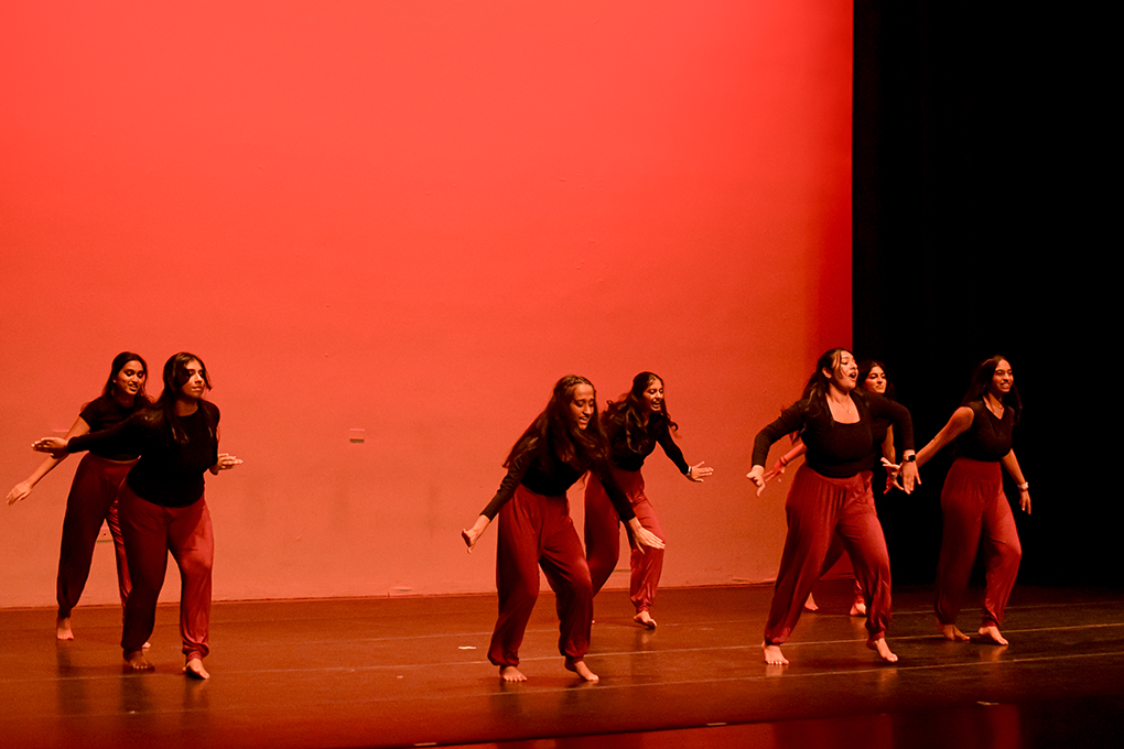 A group of women perform traditional Indian dances at a talent show.
