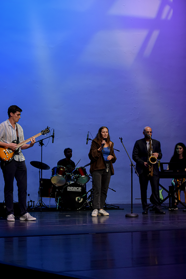 A band performing on stage.