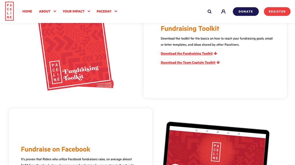 A screenshot of a fundraising toolkit on a non-profit's website.