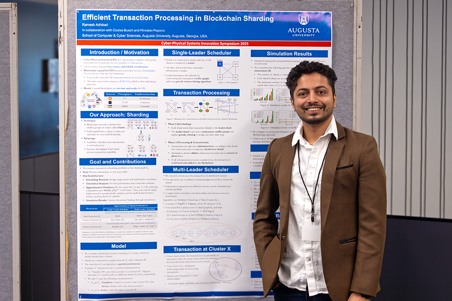 A college man stands next to his scientific poster for his project titled, "Efficient Transaction Processing in Blockchain Sharding."