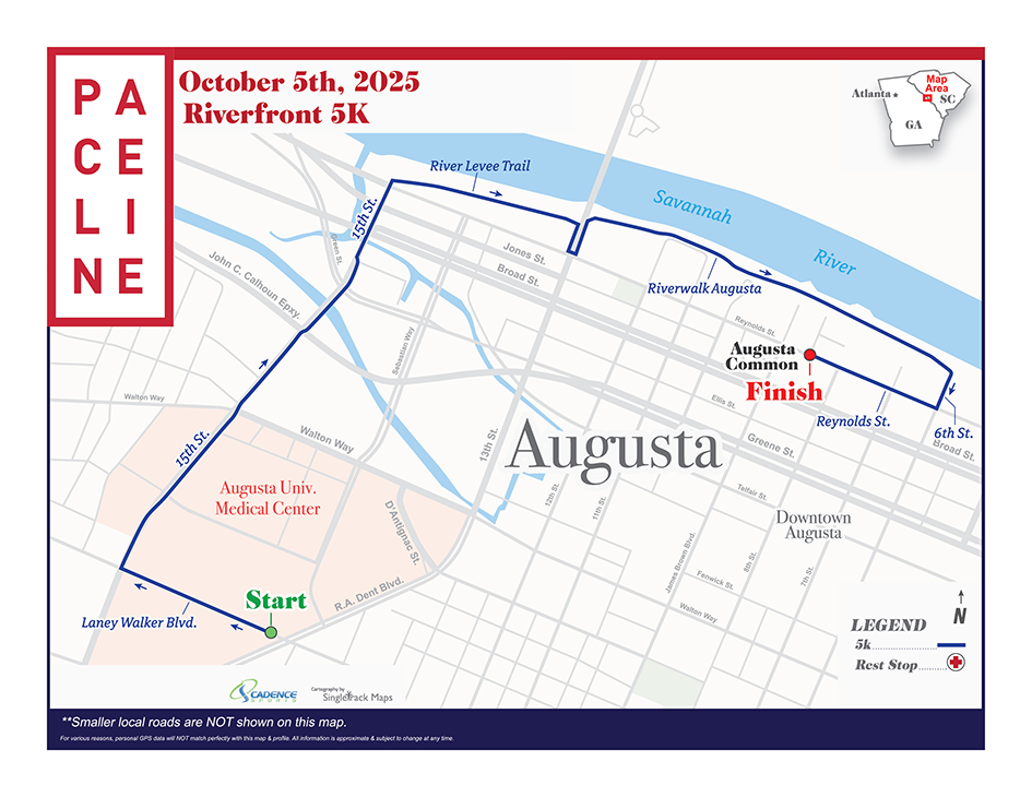 A map showing a 5K race route.