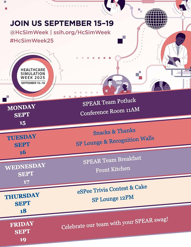 A flyer showcasing the events for Healthcare Simulation Week 2025.