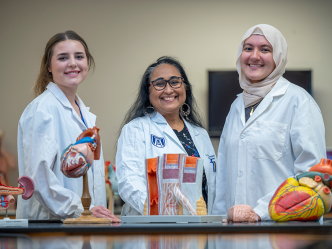 Three women in white coats pose with medical models.
