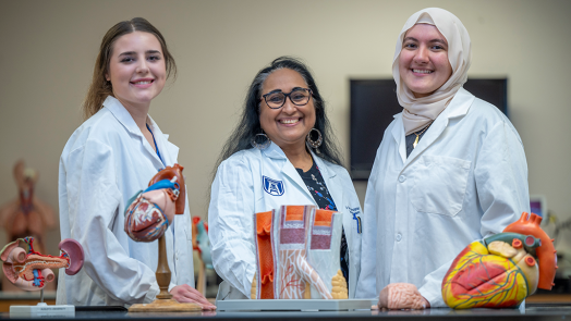 Three women in white coats pose with medical models.