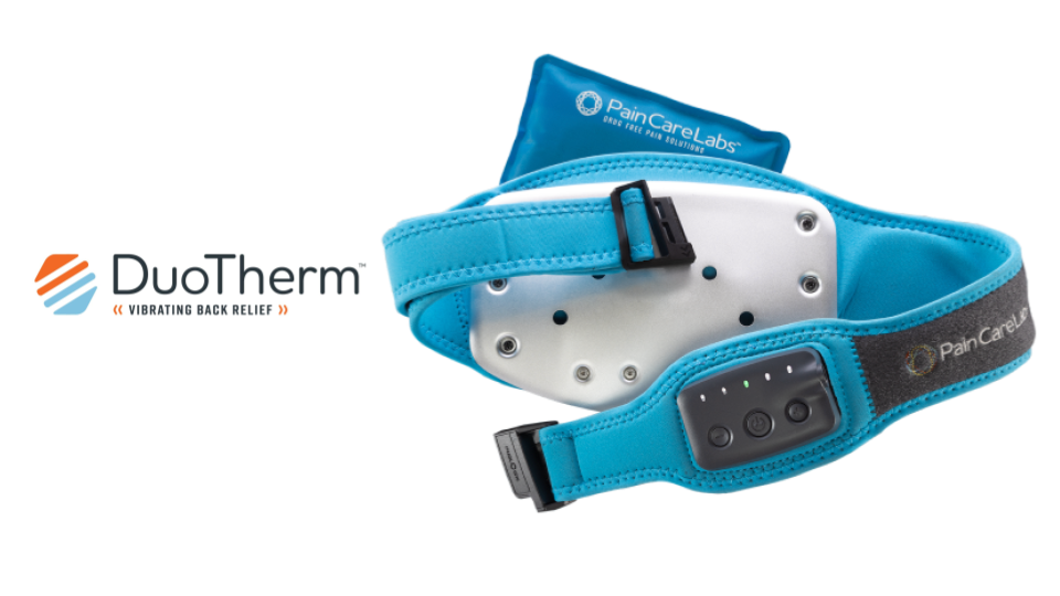 A special belt for low back pain that features a device in the middle that vibrates.