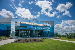 The outside of a sports arena.