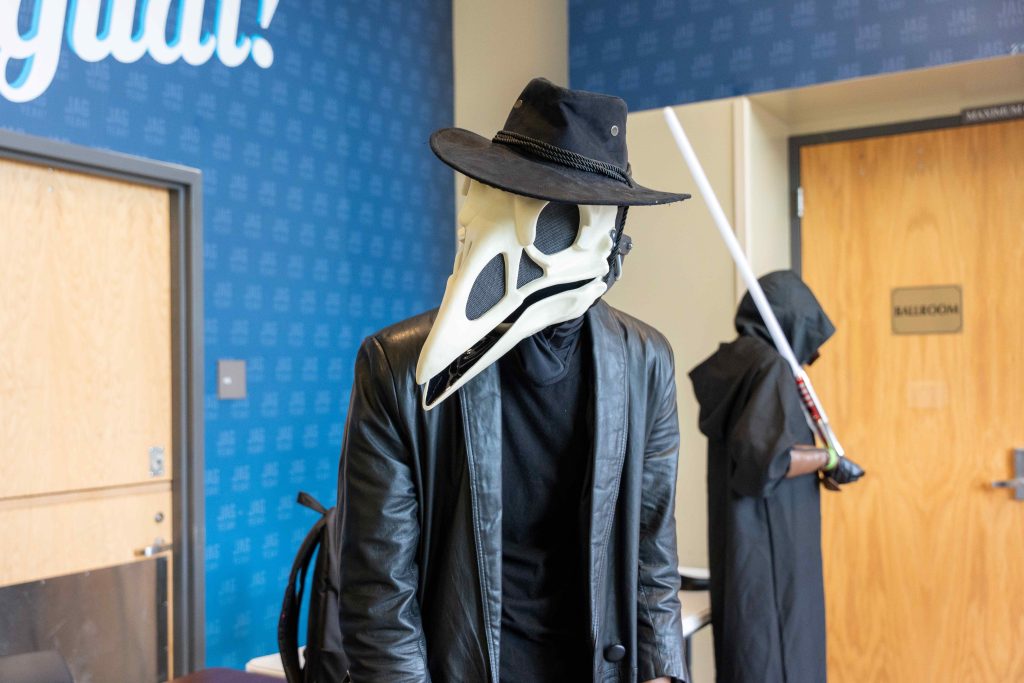 A person is dressed in a costume.