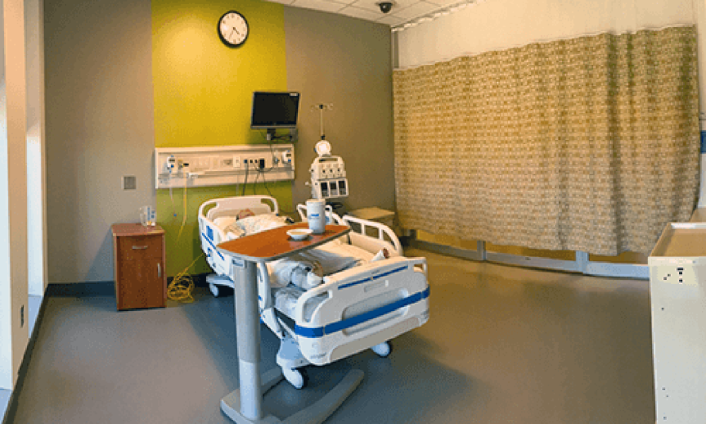 A simulated hospital room.