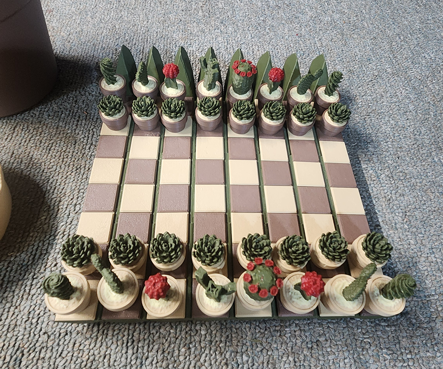 A chess set that has been made with models of different kinds of succulent plants.