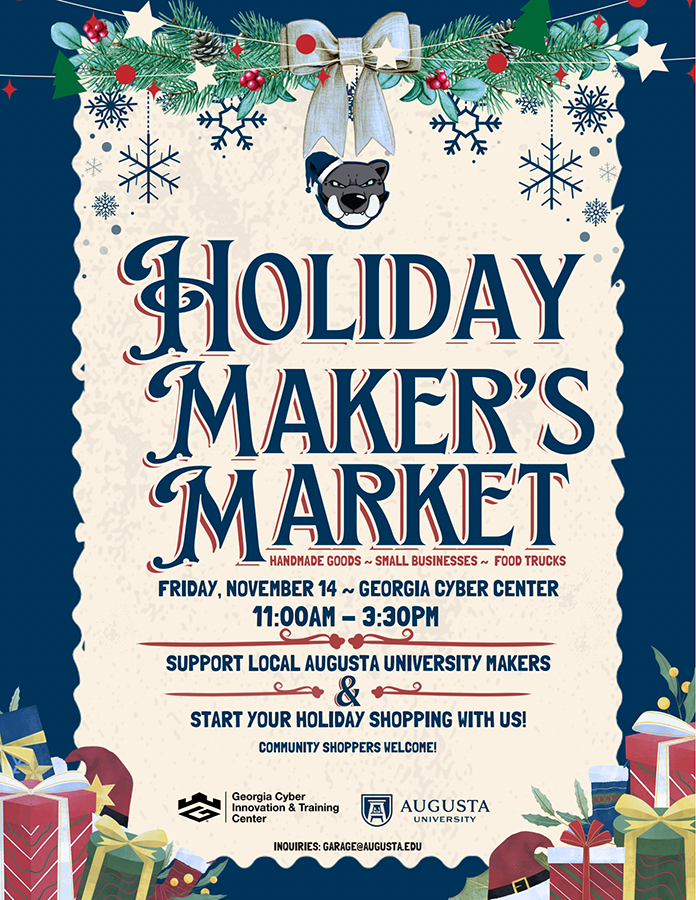A flyer for a holiday market that will feature hand-made items for faculty, staff, students, and alumni of Augusta University.