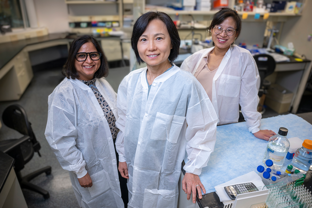 Three female researchers in lab coats stand in a laboratory and smile at the camera.