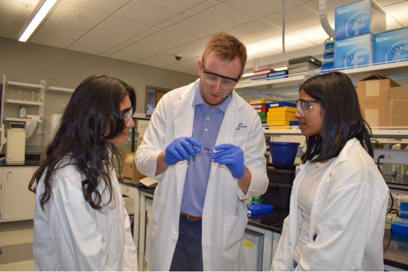 A male college professor shows two students how to properly set up a slide for a microscope.
