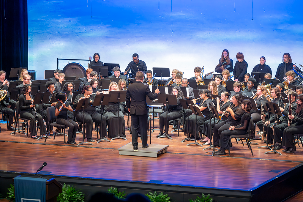 Picture of large group of musicians playing instruments playing a concert.