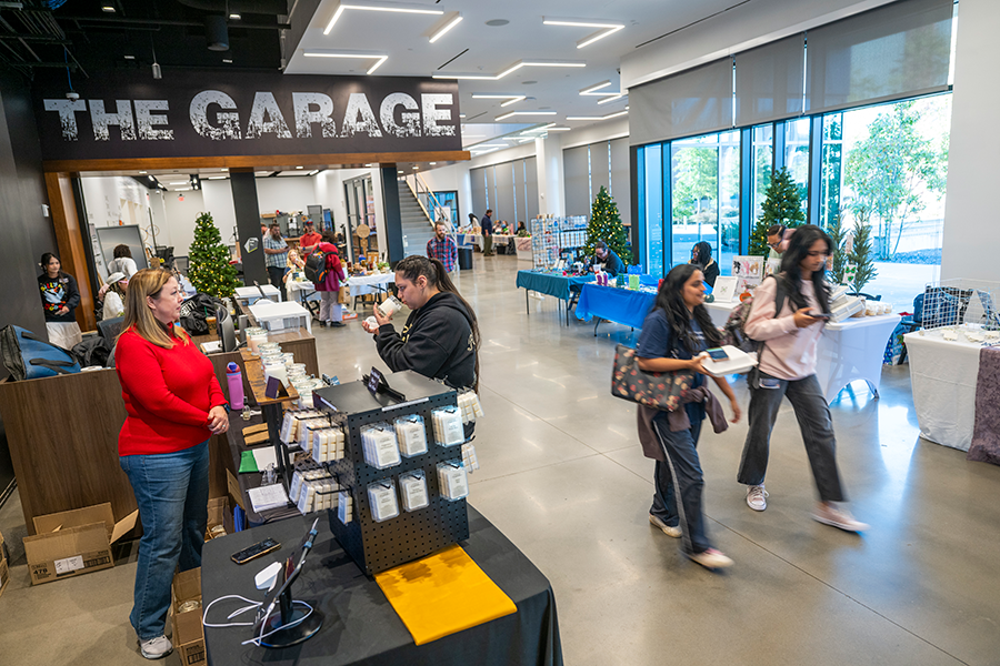 A small business market inside a modern building.
