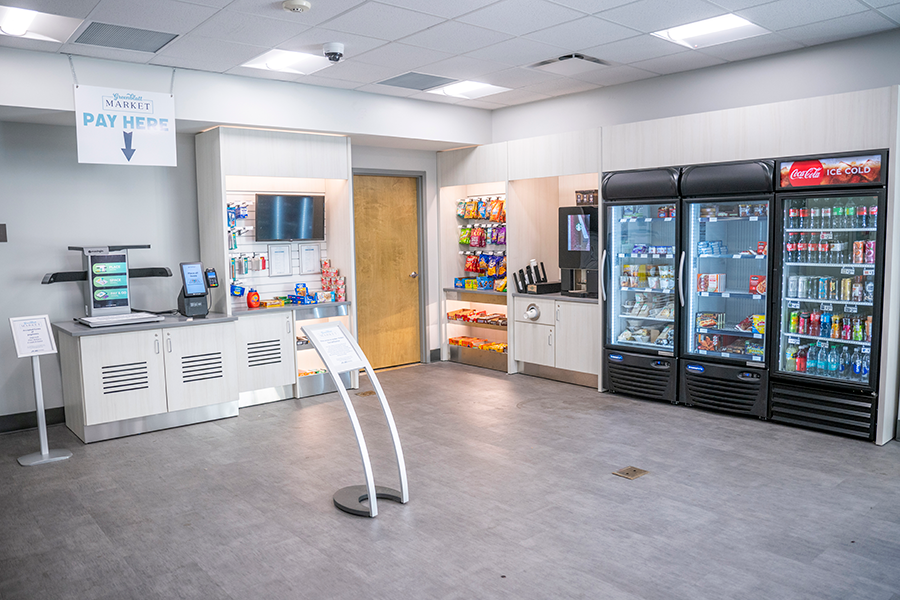 A market inside a library on a college campus.