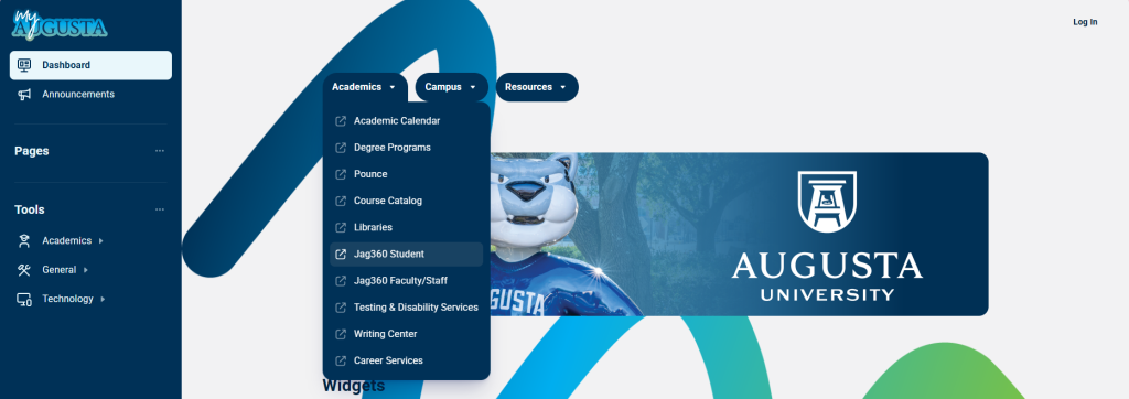 It is a screenshot of an Augusta University website landing page, highlighting the student portal tab. 