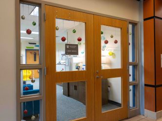 The exterior doors of an office suite.