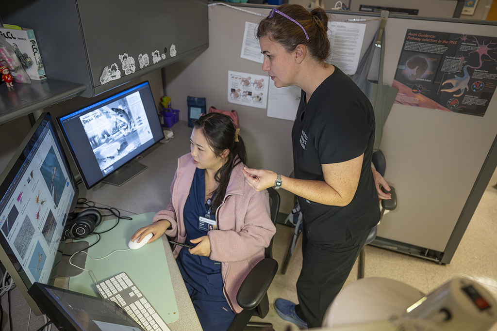 Two women talking in front of a computer